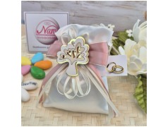 Bomboniera Matrimonio e Comunione Sacchetto Raso Albero della Vita magnete e Nastro Rosa Antico