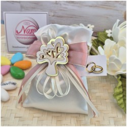 Bomboniera Matrimonio e Comunione Sacchetto Raso Albero della Vita magnete e Nastro Rosa Antico