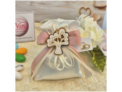 Bomboniera Matrimonio e Comunione Sacchetto Raso Albero della Vita magnete e Nastro Rosa Antico