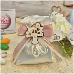 Bomboniera Matrimonio e Comunione Sacchetto Raso Albero della Vita magnete e Nastro Rosa Antico