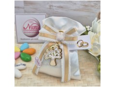 Bomboniera Matrimonio e Anniversario Sacchetto Raso con Albero della Vita Smaltato e Nastro Sfilato Oro