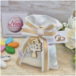 Bomboniera Matrimonio e Anniversario Sacchetto Raso con Albero della Vita Smaltato e Nastro Sfilato Oro