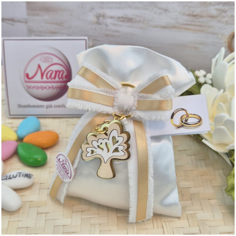 Bomboniera Matrimonio e Anniversario Sacchetto Raso con Albero della Vita Smaltato e Nastro Sfilato Oro