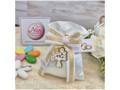 Bomboniera Matrimonio e Anniversario Sacchetto Raso con Albero della Vita Smaltato e Nastro Sfilato Oro