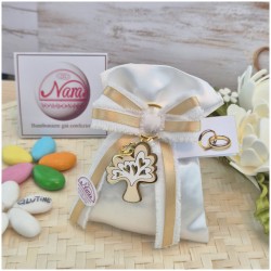 Bomboniera Matrimonio e Anniversario Sacchetto Raso con Albero della Vita Smaltato e Nastro Sfilato Oro