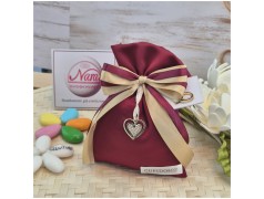 Bomboniera Matrimonio e Laurea Sacchetto Cupido Raso Bordeaux e Oro con Cuori Strass