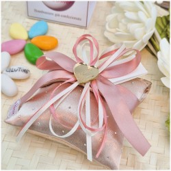 Bomboniera 18 Anni e Comunione Cuscino Rose Gold con Cristalli e Cuore Specchiato