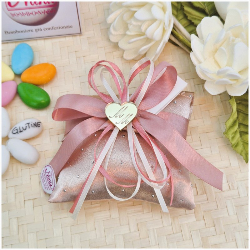 Bomboniera 18 Anni e Comunione Cuscino Rose Gold con Cristalli e Cuore Specchiato