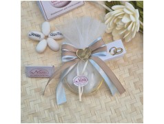 Bomboniera Battesimo e Comunione Cerchi Oro con Tulle e Cuore Specchiato Nastro Celeste