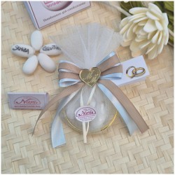 Bomboniera Battesimo e Comunione Cerchi Oro con Tulle e Cuore Specchiato Nastro Celeste
