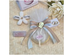 Bomboniera Battesimo e Comunione Cerchi Oro con Tulle e Cuore Specchiato Nastro Celeste