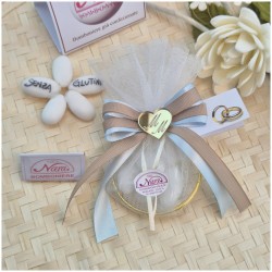 Bomboniera Battesimo e Comunione Cerchi Oro con Tulle e Cuore Specchiato Nastro Celeste