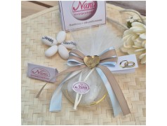 Bomboniera Battesimo e Comunione Cerchi Oro con Tulle e Cuore Specchiato Nastro Celeste