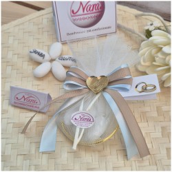 Bomboniera Battesimo e Comunione Cerchi Oro con Tulle e Cuore Specchiato Nastro Celeste