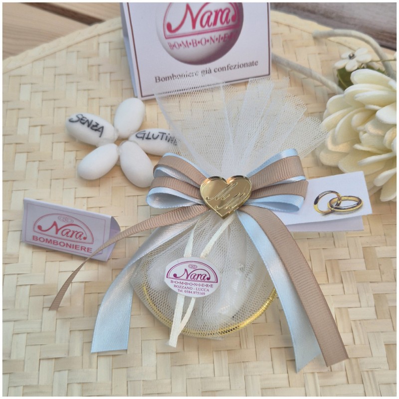 Bomboniera Battesimo e Comunione Cerchi Oro con Tulle e Cuore Specchiato Nastro Celeste