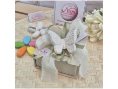 Bomboniera Matrimonio e Comunione Scatola Tortora con Farfalla Porcellana e Nastro Sfilato