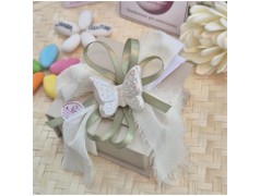 Bomboniera Matrimonio e Comunione Scatola Tortora con Farfalla Porcellana e Nastro Sfilato