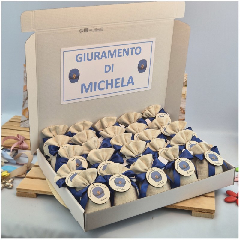 Bomboniera Giuramento Polizia di Stato Sacchetto simil Lino con Cappello Stampato su Legno