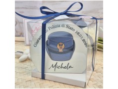 Bomboniera Giuramento Polizia Scatola Cube Trasparente con Maxi Sottobicchiere Legno Personalizzato