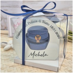 Bomboniera Giuramento Polizia Scatola Cube Trasparente con Maxi Sottobicchiere Legno Personalizzato