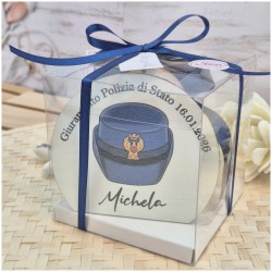 Bomboniera Giuramento Polizia Scatola Cube Trasparente con Maxi Sottobicchiere Legno Personalizzato