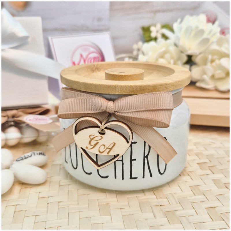Bomboniera Matrimonio Utile Zuccheriera "Design Moderno" con Tappo Bambù e Iniziali
