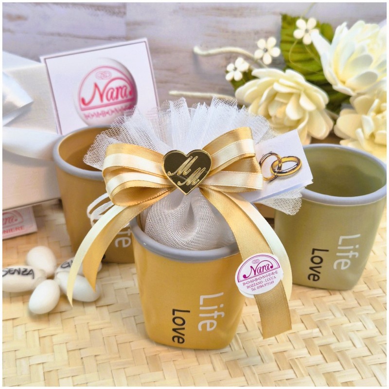 Bomboniera Matrimonio Utile Bicchierino Caffè Life Love Effetto Stropicciato e Cuore Specchiato