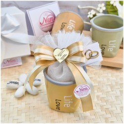 Bomboniera Matrimonio Utile Bicchierino Caffè Life Love Effetto Stropicciato e Cuore Specchiato