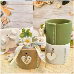 Bomboniera Matrimonio Utile Vasetto Grande Pura Felicità con Margherita ed Eucalipto