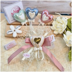 Bomboniera Comunione e Cresima "Lecca Lecca" Cuore in Ceramica Perlata con Nome Oro