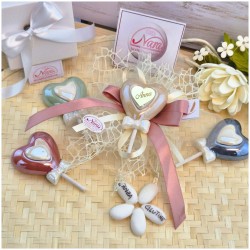 Bomboniera Comunione e Cresima "Lecca Lecca" Cuore in Ceramica Perlata con Nome Oro