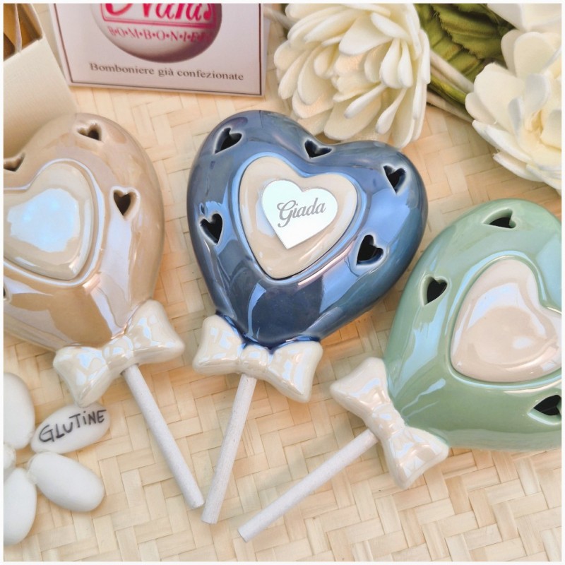Bomboniera Comunione e Cresima "Lecca Lecca" Cuore Traforato in Ceramica con Nome e Scatola Regalo