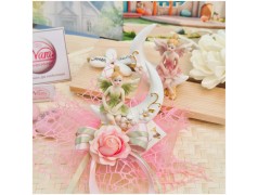 Bomboniera Comunione e Battesimo "Fata dei Fiori" su Luna con Maxi Rete Rosa e Rosa Applicata