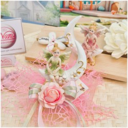 Bomboniera Comunione e Battesimo "Fata dei Fiori" su Luna con Maxi Rete Rosa e Rosa Applicata