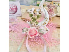 Bomboniera Comunione e Battesimo "Fata dei Fiori" su Luna con Maxi Rete Rosa e Rosa Applicata