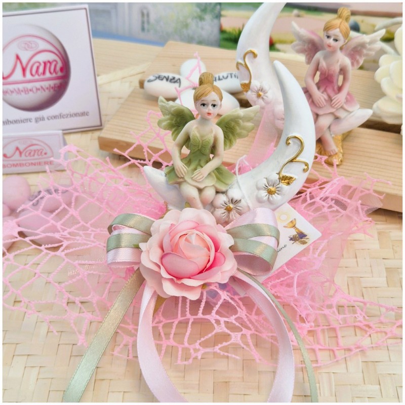Bomboniera Comunione e Battesimo "Fata dei Fiori" su Luna con Maxi Rete Rosa e Rosa Applicata