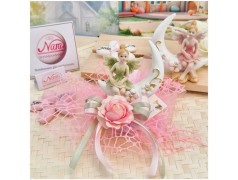 Bomboniera Comunione e Battesimo "Fata dei Fiori" su Luna con Maxi Rete Rosa e Rosa Applicata