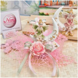 Bomboniera Comunione e Battesimo "Fata dei Fiori" su Luna con Maxi Rete Rosa e Rosa Applicata