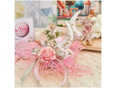 Bomboniera Comunione e Battesimo "Fata dei Fiori" su Luna con Maxi Rete Rosa e Rosa Applicata