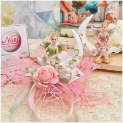 Bomboniera Comunione e Battesimo "Fata dei Fiori" su Luna con Maxi Rete Rosa e Rosa Applicata