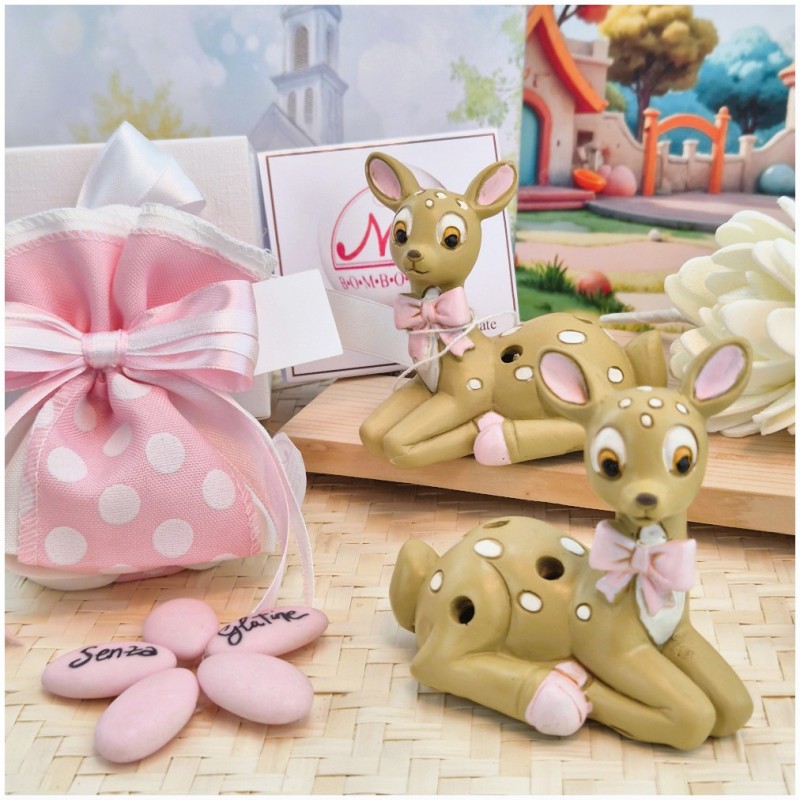 Bomboniera Battesimo Bimba "Dolce Cerbiatto" in Scatola con Nastro Rosa e Pois