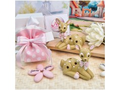 Bomboniera Battesimo Bimba "Dolce Cerbiatto" in Scatola con Nastro Rosa e Pois