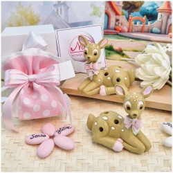 Bomboniera Battesimo Bimba "Dolce Cerbiatto" in Scatola con Nastro Rosa e Pois