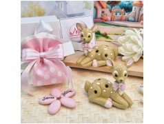 Bomboniera Battesimo Bimba "Dolce Cerbiatto" in Scatola con Nastro Rosa e Pois