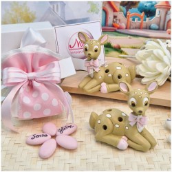 Bomboniera Battesimo Bimba "Dolce Cerbiatto" in Scatola con Nastro Rosa e Pois