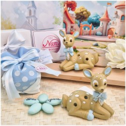 Bomboniera Battesimo Bimbo Dolce Cerbiatto in Scatola con Nastro Celeste a Pois