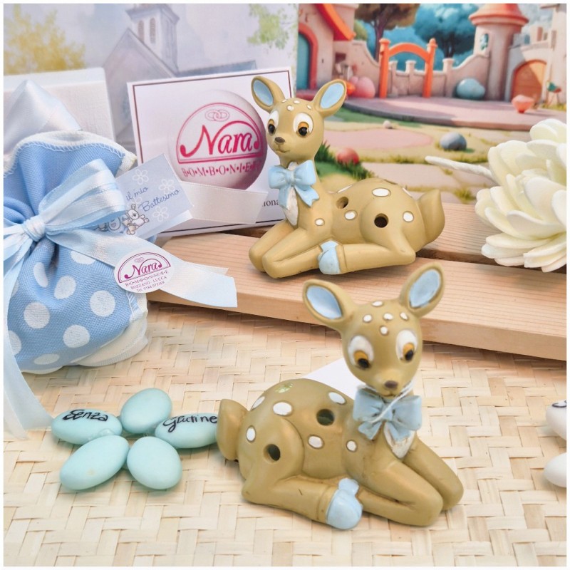 Bomboniera Battesimo Bimbo Dolce Cerbiatto in Scatola con Nastro Celeste a Pois