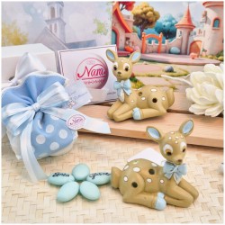 Bomboniera Battesimo Bimbo Dolce Cerbiatto in Scatola con Nastro Celeste a Pois