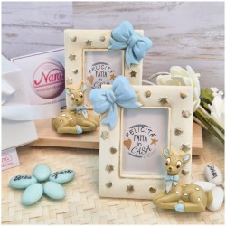 Bomboniera Battesimo Bimbo Cornice Portafoto Dolce Cerbiatto con Maxi Fiocco Celeste