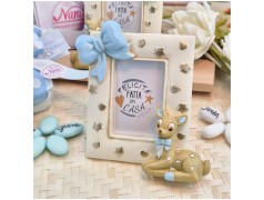 Bomboniera Battesimo Bimbo Cornice Portafoto Dolce Cerbiatto con Maxi Fiocco Celeste